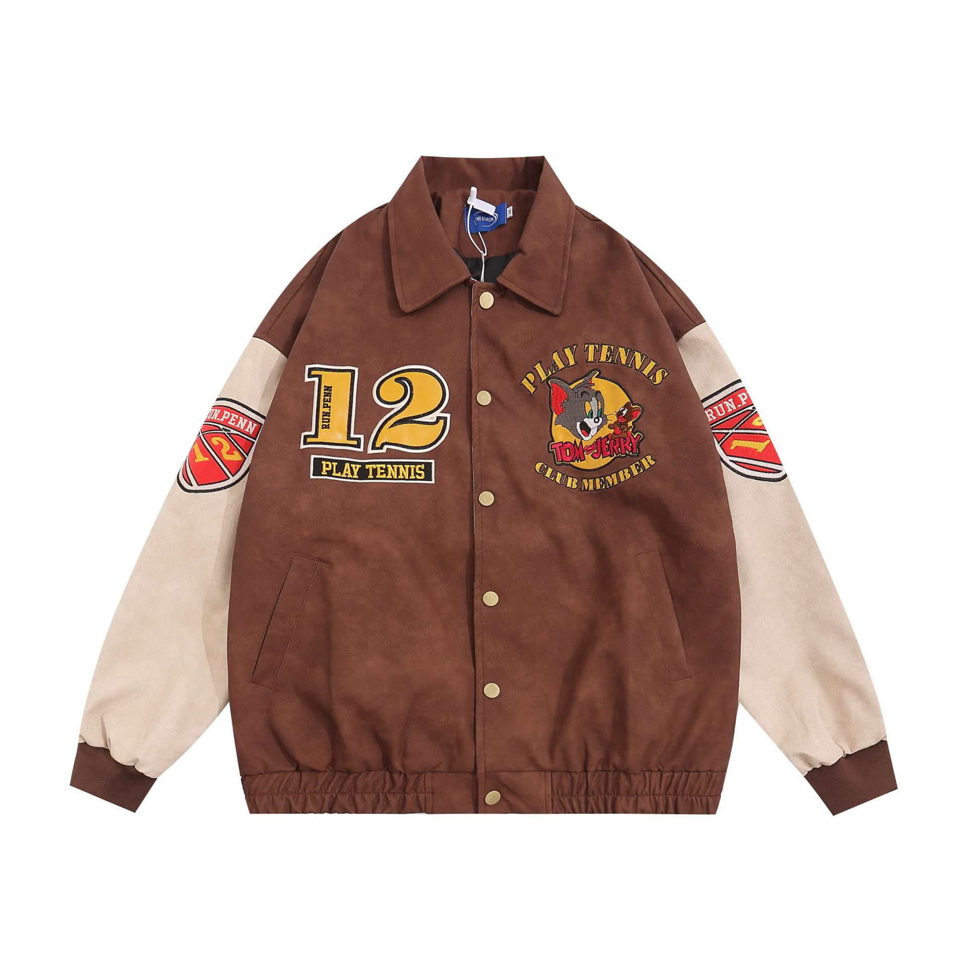 潮牌卡通刺绣撞色pu皮夹克美式网红炸街情侣棒球服潮流个性外套秋