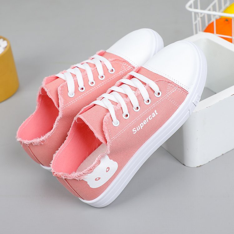 帆布鞋女学生鞋子年春夏新款系带平底布鞋球鞋轻便猫猫小白鞋
