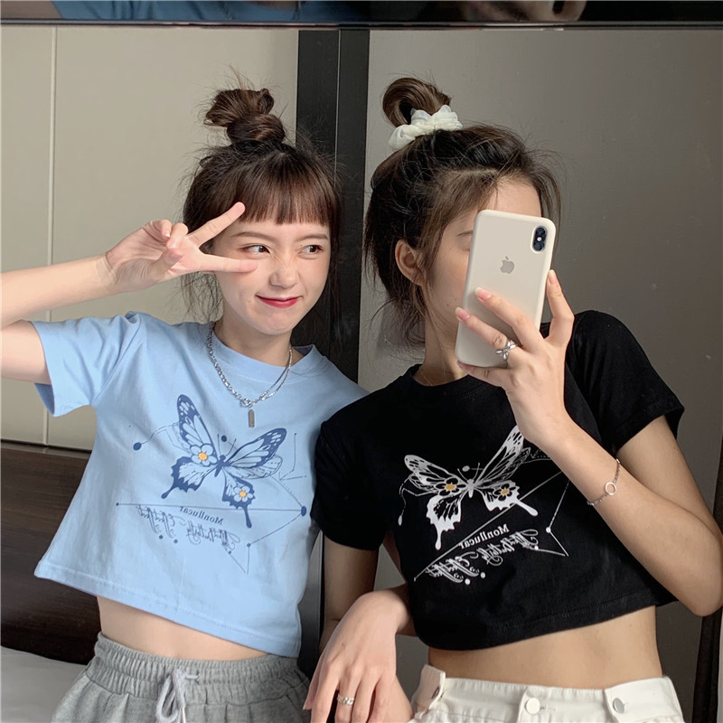 Clothing for BFF Short Short Sleeve T-shirt Women's 2023 Summer New Korean Style Fashionable Navel Harajuku Style Student Top