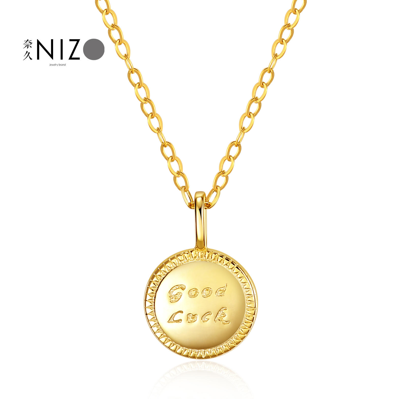 lucky小金币925纯银镀14k黄金幸运goodluck转运k金项链吊坠挂坠