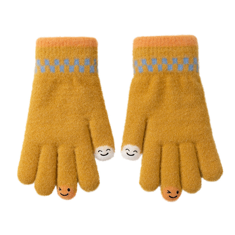 Autumn and Winter Cute Children's Five-Finger Gloves Boys' Knitted Wool Smiley Face Cold-Proof Warm Cartoon Female Student Wholesale