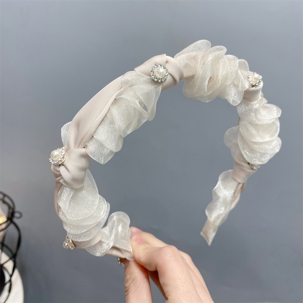 Snowflake Rhinestone Pleated Headband Organza Pile Folding Design Sense Korean Style High Skull Top Headband Handmade Hair Accessories