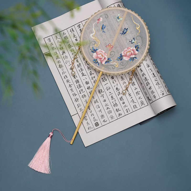 Factory Direct Sales Suzhou Embroidery Circular Fan Embroidery Jade Hare Koi round Fan Han Clothing Vintage Fan Mottled Bamboo Long Handle