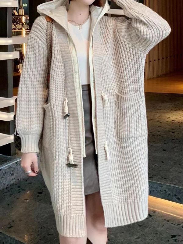 中长款连帽针织开衫外套女秋冬新款宽松慵懒风加厚粗毛线大衣外套