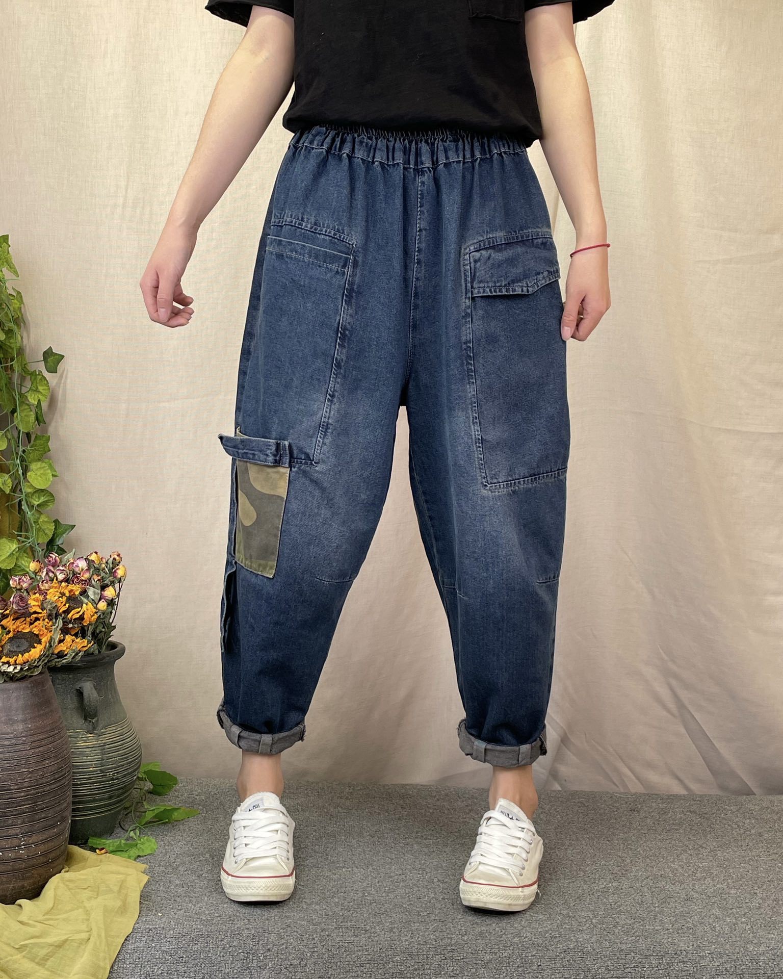 春新款2022松紧腰宽松休闲显瘦个性迷彩贴布拼接牛仔九分哈伦裤女