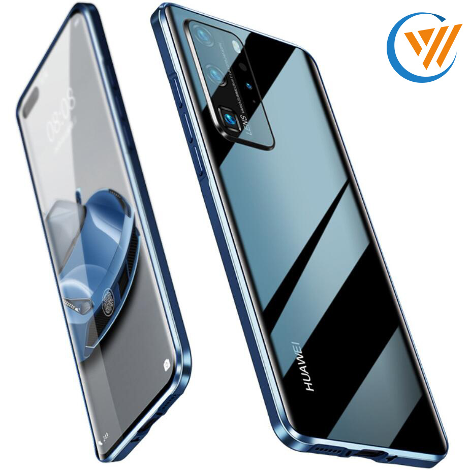 适用华为p40手机壳高端金属直边框玻璃pro镜头全包透明保护套跨境