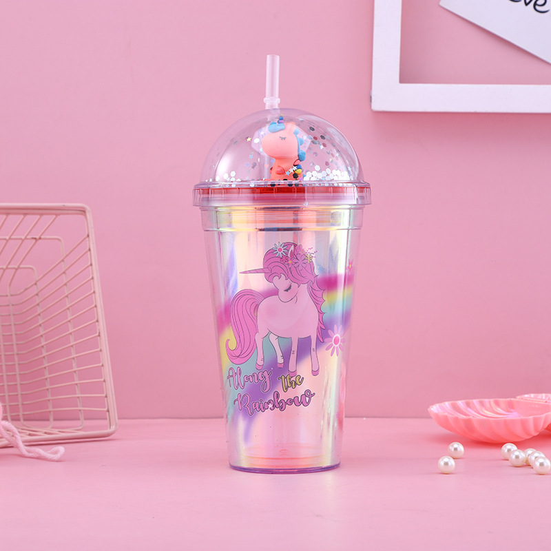 New Creative Unicorn Double Plastic Straw Cup Good-looking Student Cartoon Summer Ice Cup Children's Water Cup