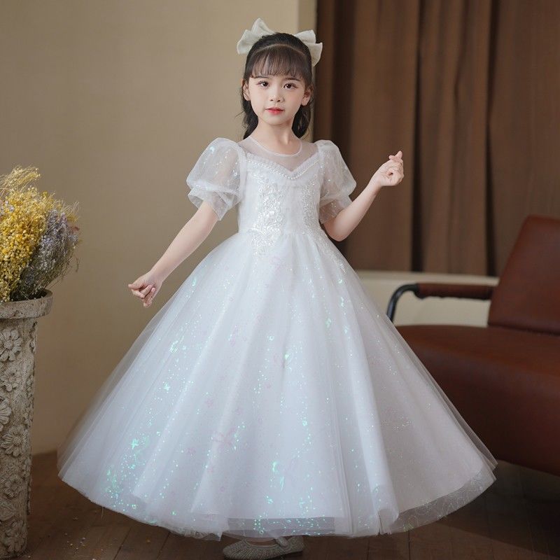 儿童礼服生日公主裙花童婚礼小女孩白色婚纱女童钢琴主持人演出服
