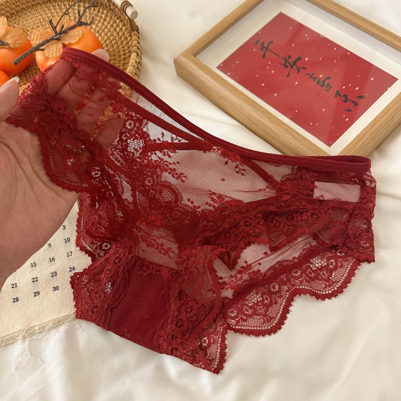幸运本命年~新年蕾丝性感女士内裤红色内裤纯棉档透气舒适三角裤