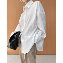 2022春季新款百搭白长袖衬衫女 休闲时尚气质复古不规则廓形衬衣