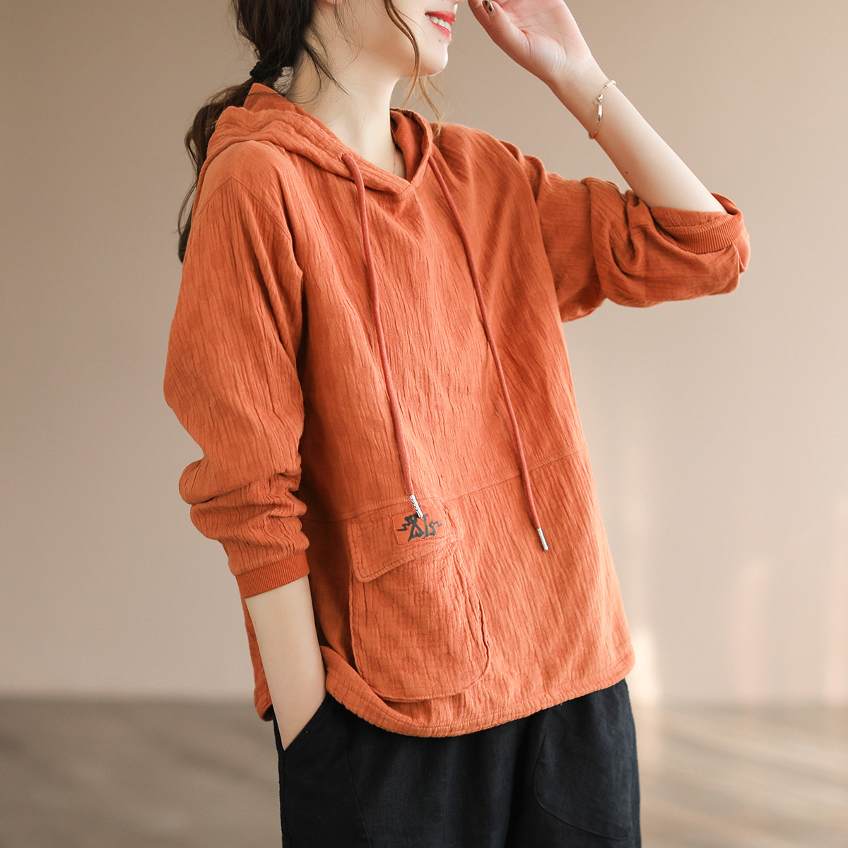 良旧服饰春季新款宽松休闲上衣女装文艺复古双层棉麻纯色连帽卫衣