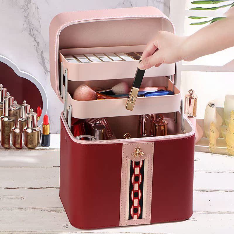 拼色大容量便携化妆包多功能化妆箱家用桌面多层化妆品收纳盒超火