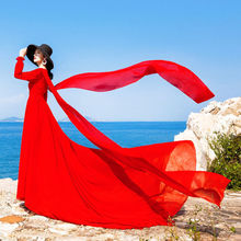 V领复古大红色雪纺连衣裙拖尾长袖飘逸大摆海边度假裙旅拍长裙子