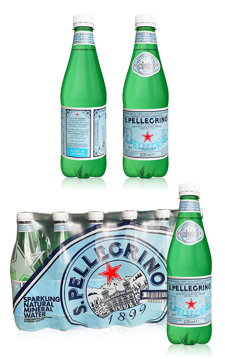 意大利进口矿泉水圣培露500ml *24塑料瓶天然含气整箱装新货