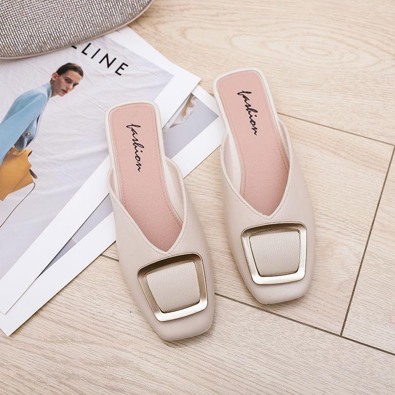 Square Buckle Closed Toe Half Slippers Women's Fashion Outerwear 2023 New Muller Flat Heel Buckle Square Toe Lazy Sandals Women's Shoes