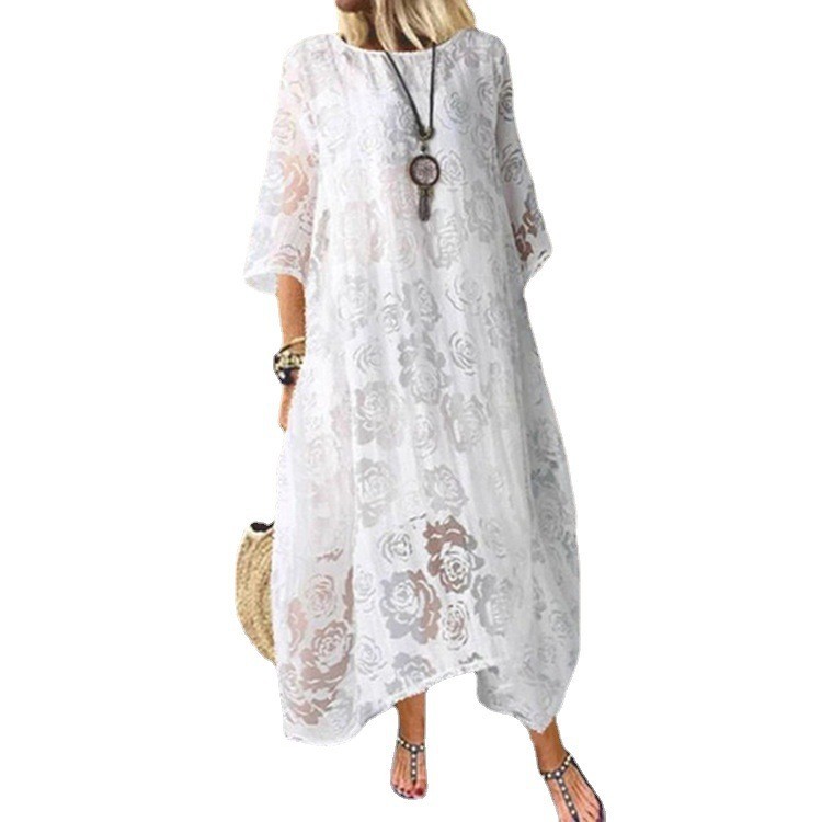 2022 Summer European and American New Popular Amazon Independent Station round Neck Short Sleeve Lace Long Dress Lace Casual Skirt