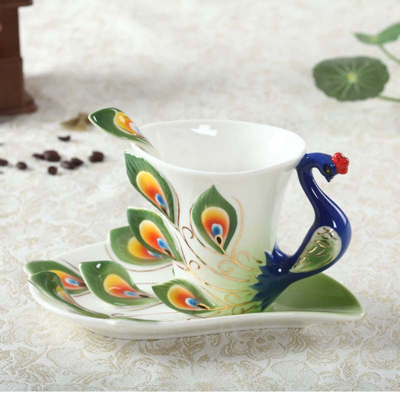 Tea Set Enamel Porcelain Peacock Coffee Cup