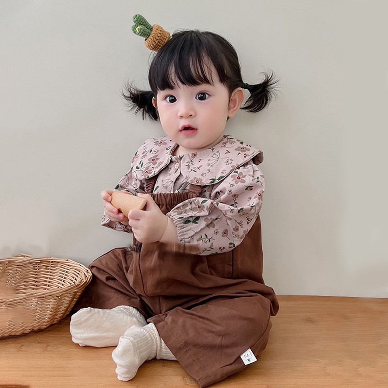 Korean Style Fashionable Floral Top Suspender Pants Two-Piece Suit Baby Romper Clothes Spring and Autumn Suit Baby Girl Baby Clothes