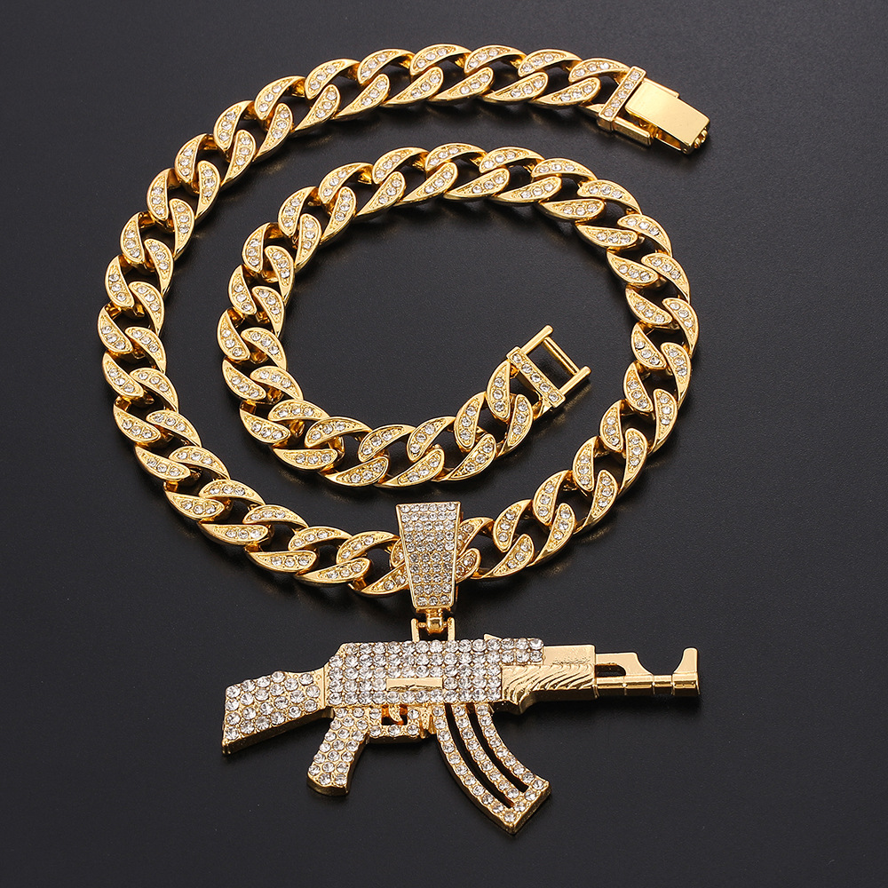 游戏周边纪念品黄金ak47 uzi沙漠之鹰男士个性镶锆石嘻哈饰品项链