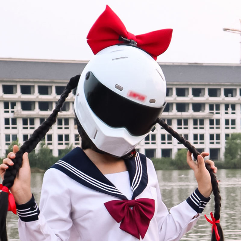 来梦同款电动摩托车头盔蝴蝶结爆音少女夏季骑士可爱复古机车全盔