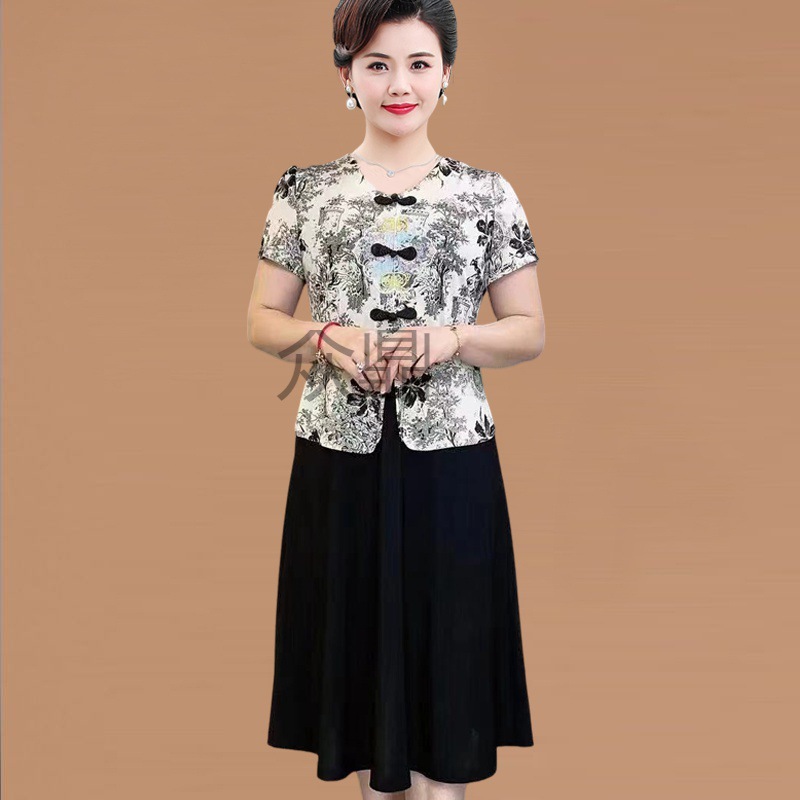 zd中老年夏季假两件连衣裙2024新款中式洋气显瘦妈妈短袖夏装女裙