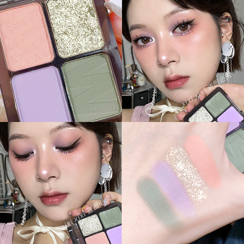 Xixi Four Color Eyeshadow Palette Earth Color Purple Green Blue Black Pink Cut-off Eye Makeup Pearlescent Shiny Crystal Stage Makeup