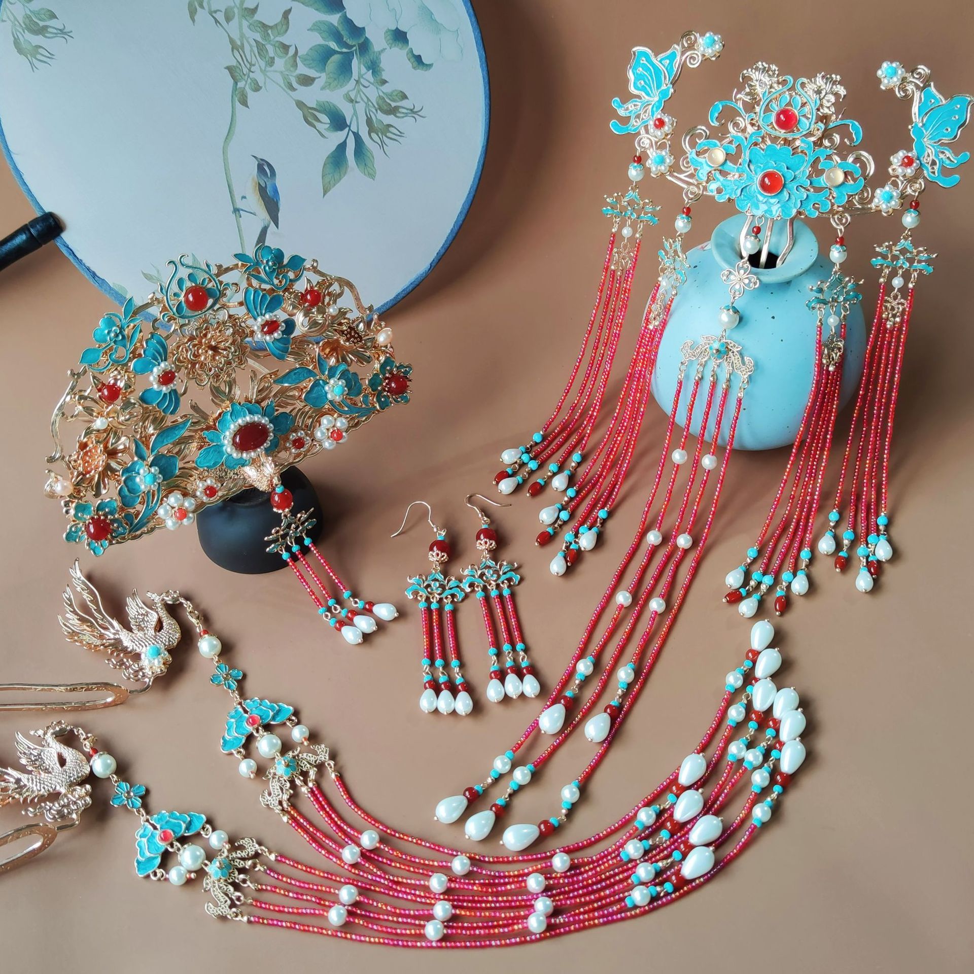 伊洛传芳原创高档保色铜汉服头饰发冠发钗后压耳环古风新娘套装