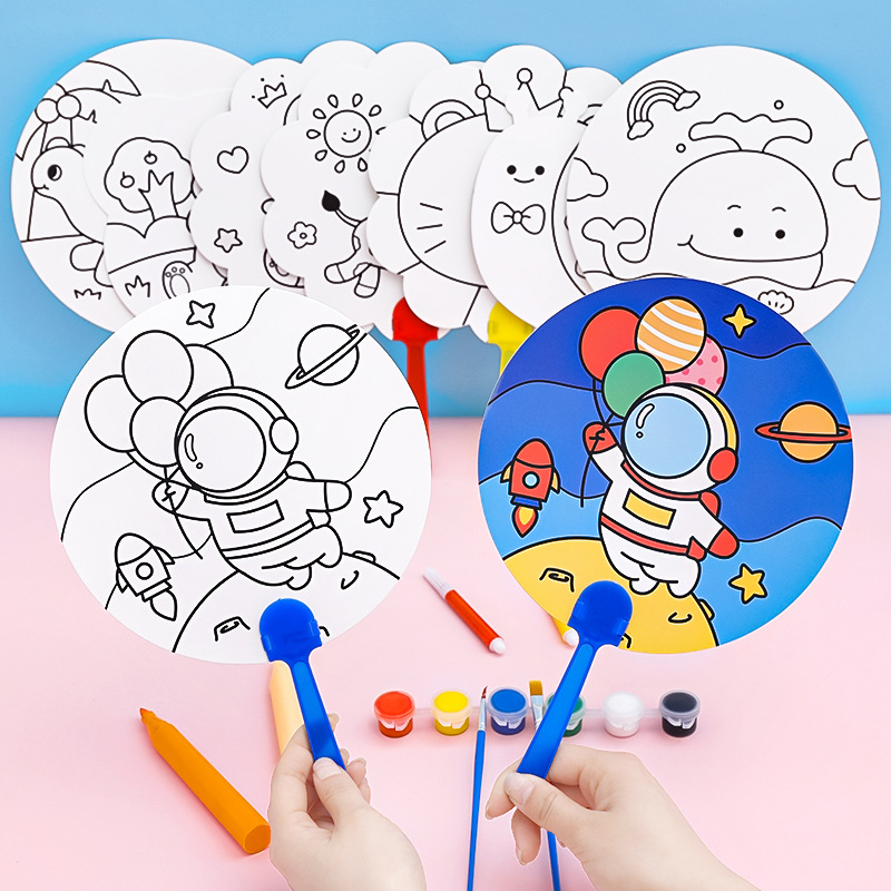 cartoon diy graffiti fan children‘s cute hand-painted blank small fan children‘s day coloring painting plastic round fan