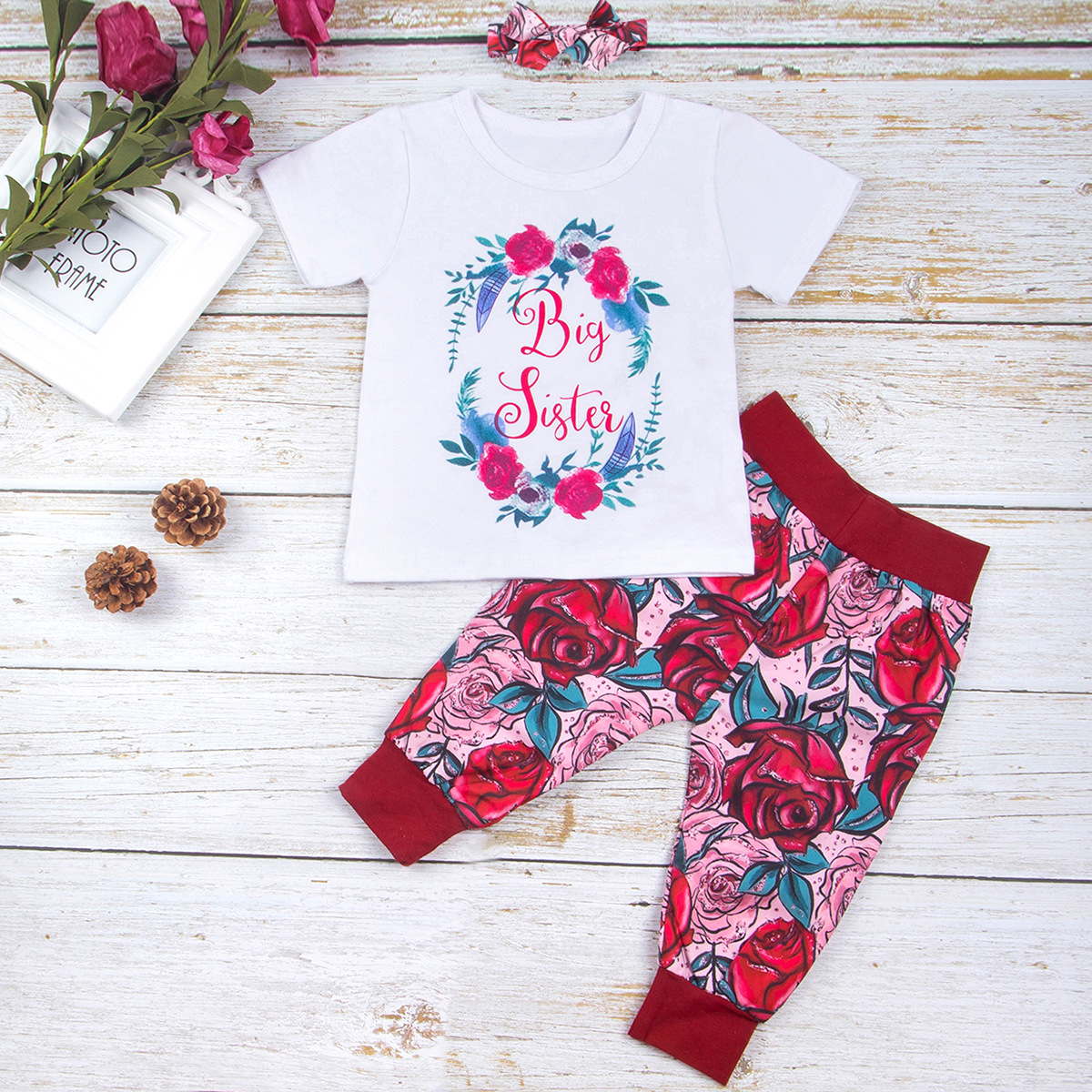 2021新款女宝宝童装哈衣款女婴玫瑰花印花姐妹款婴幼童短袖三件套