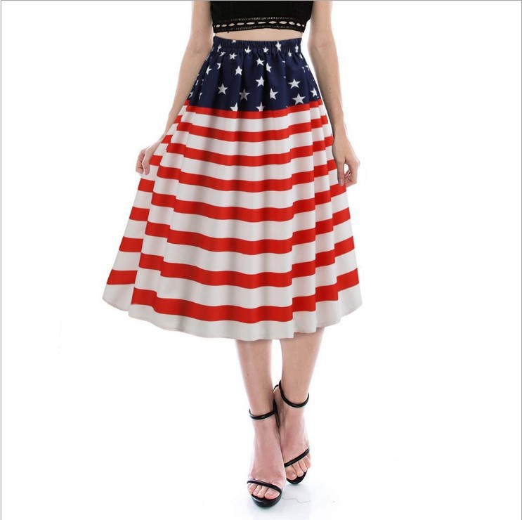 跨境新款独立日欧美国风女装国旗印花松紧腰百搭大摆型半身裙