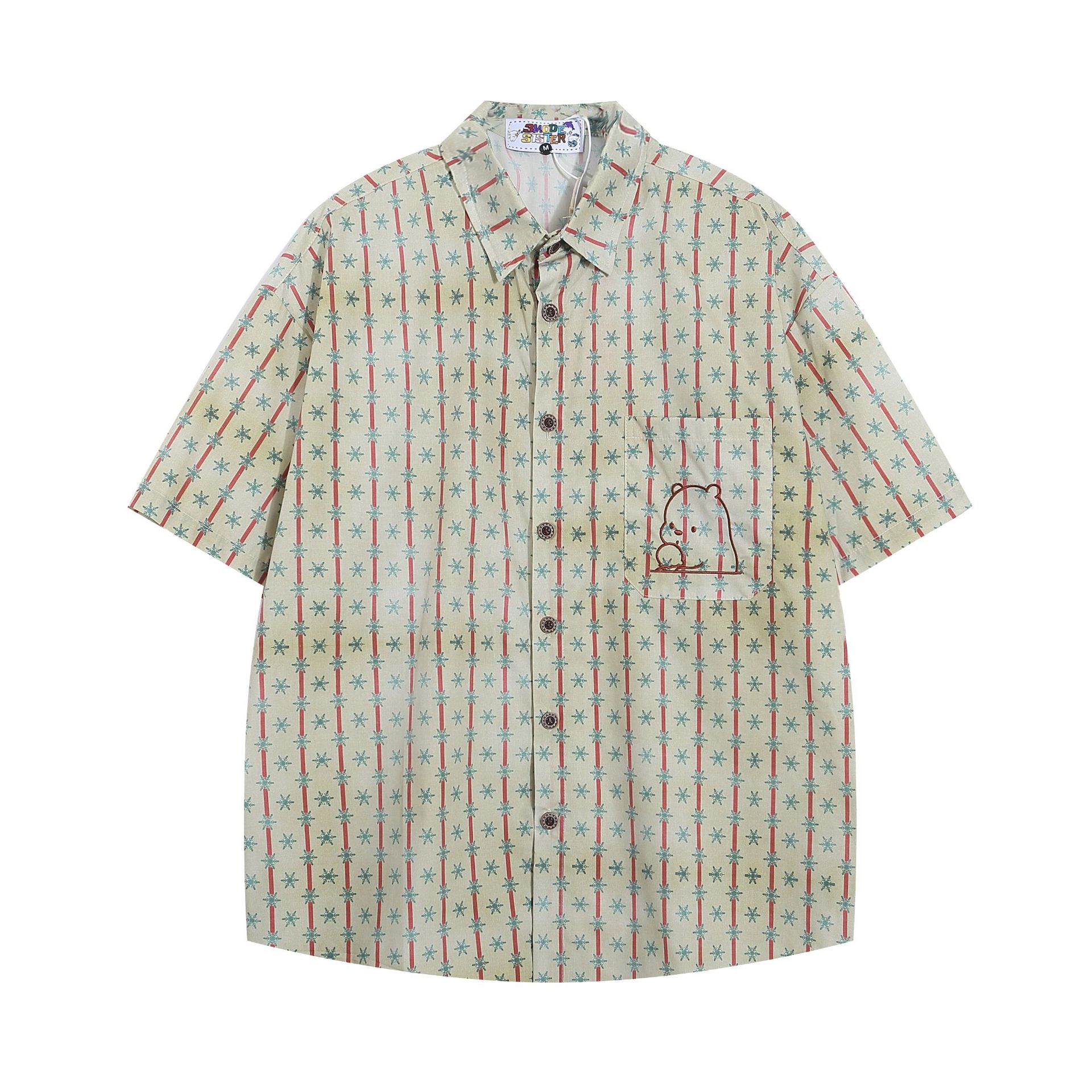 嘉衣库男装∣2024新款日系中古条纹衬衫短袖雪花小熊刺绣古着衬衣