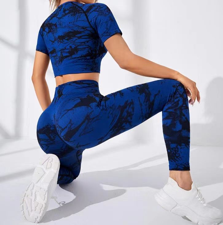 Europe and America Cross Border Fitness Suit Tie-Dye High Waist Hip Lift Tights Running Sports Short Sleeve Yu Sports Clothing Women