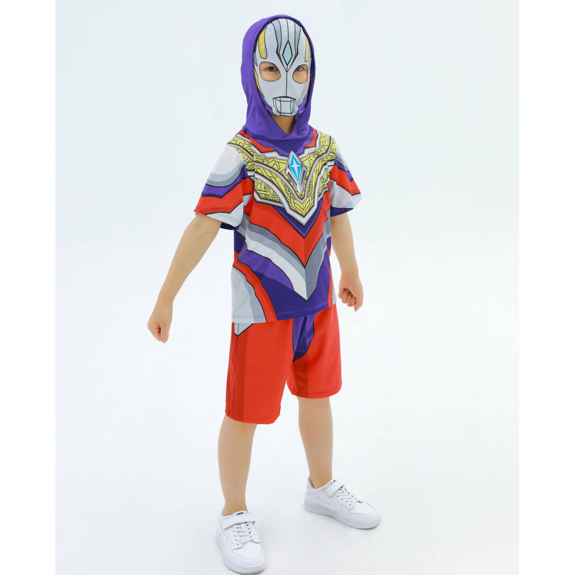 23夏新款正品奥特曼童装连帽面具套装冰丝凉快面料赛罗装扮表演服