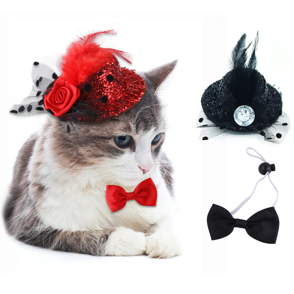 新品推荐 宠物头饰套装 贵妇羽毛玫瑰帽蝴蝶结项圈猫咪装饰情人节
