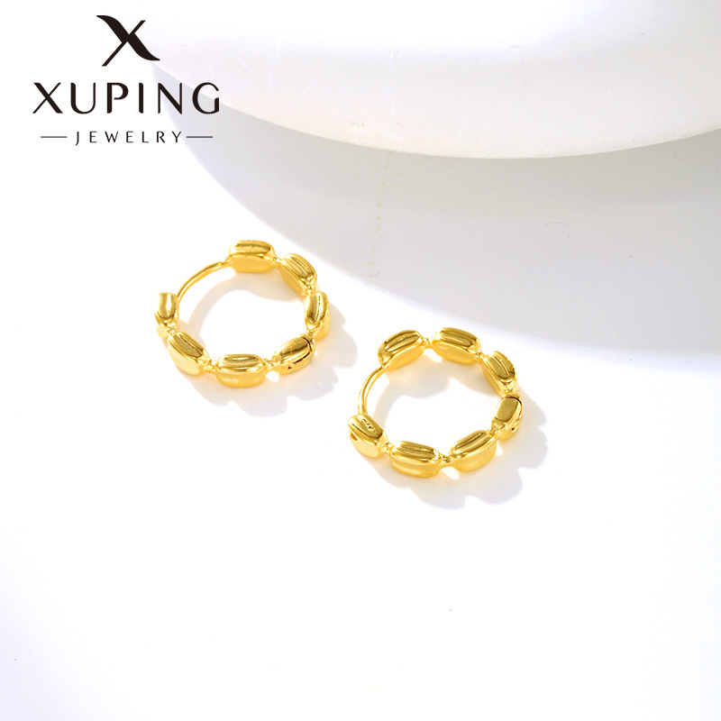 xuping jewelry flash sand carven design metal alloy earrings simple cold style rice grain olive beads ear clip female elegant earrings