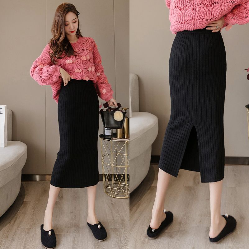 针织半身裙女2023新款开叉毛线裙中长款包臀裙高腰秋冬季一步长裙