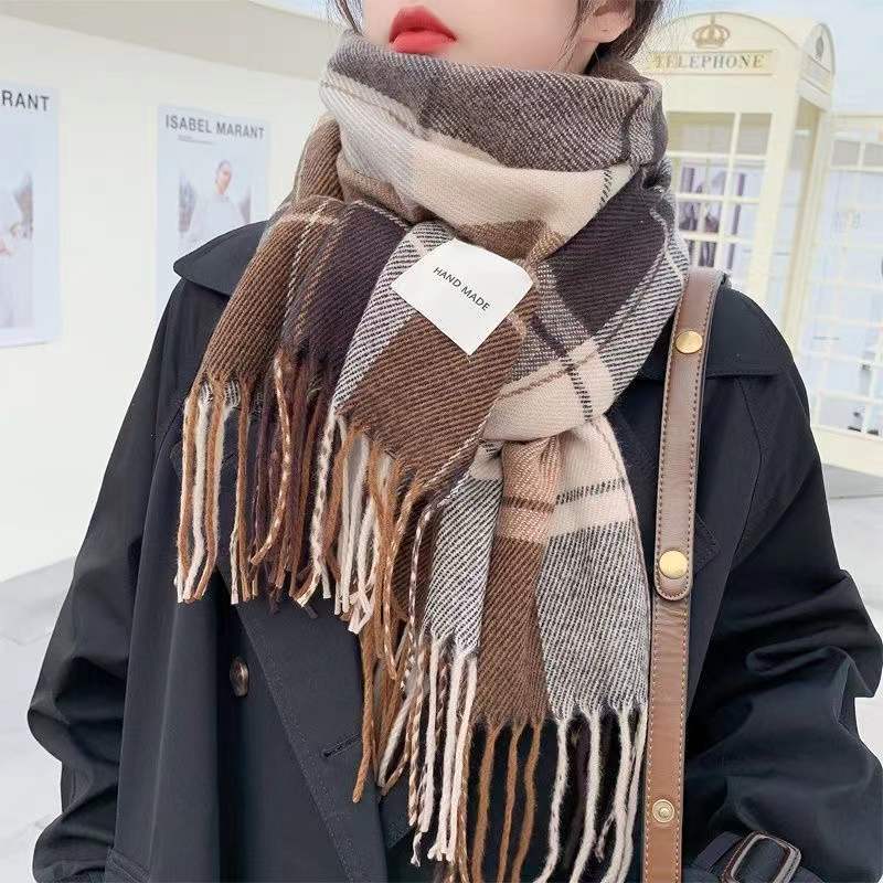 2023 New Scarf Women's Autumn and Winter Korean Style Versatile Lattice Thickened Student Couple Scarf Men's Cashmere-like Warm