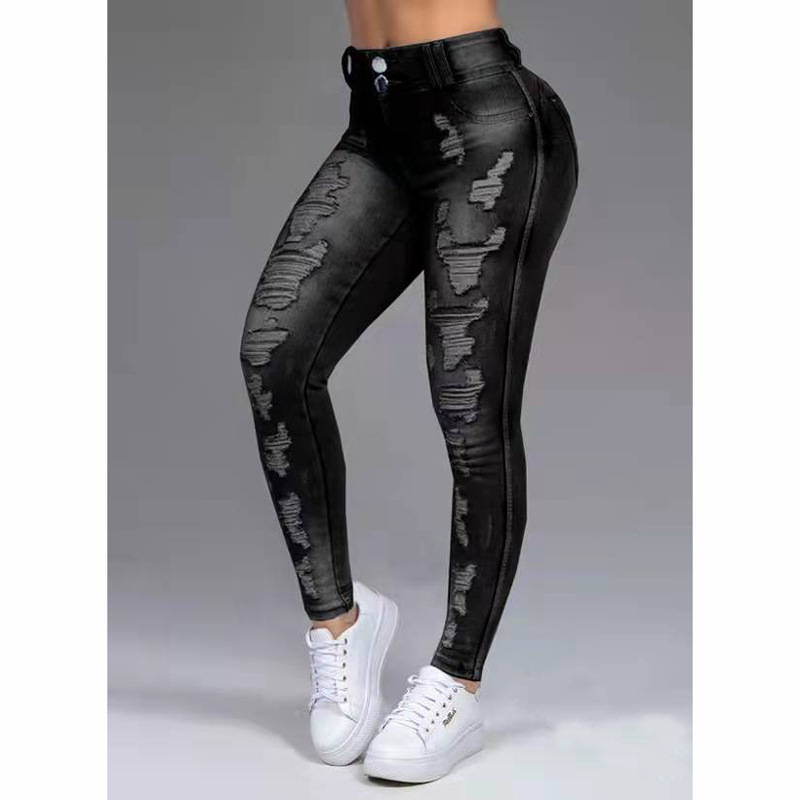   Factory Straight Hair Amazon Wish European and American adies Jeans Ripped Slimming Stretch Jeans Pants Women's Pants