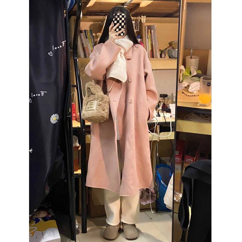 粉色双面羊毛大衣女中长款春秋冬季新款小个子高级感加厚毛呢外套