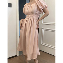 莉之绮优雅纯色圆领连衣裙夏装新款宽松显瘦高腰泡泡袖裙子230247