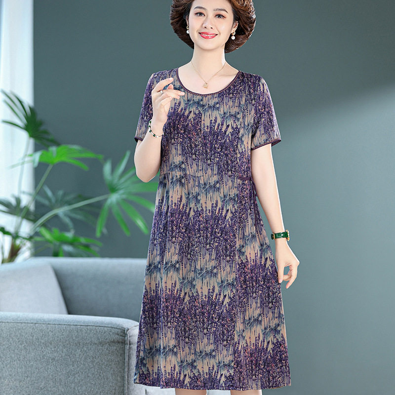 休闲风翻领中年妈妈连衣裙复古式女装中长款气质减龄显瘦短袖裙子