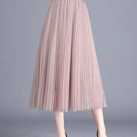 粉色半裙纱裙半身裙2021春款莎莎裙百褶长裙网纱沙裙子高端小个子