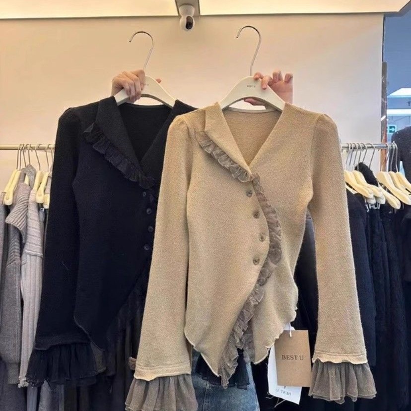 荷叶边V领修身衬衫长袖t恤女装秋季新款洋气百搭不规则打底衫上衣