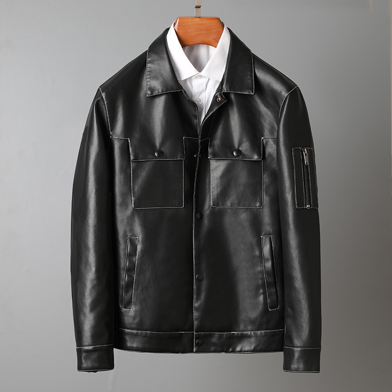 2023新款皮衣男翻领机车服春秋冬外套潮修身韩版帅气男士皮夹克