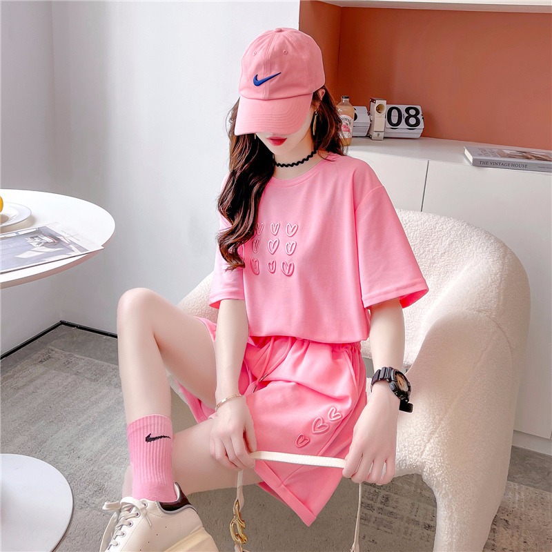 休闲时尚运动套装女夏季韩版宽松显瘦跑步服短袖短裤两件套ins潮