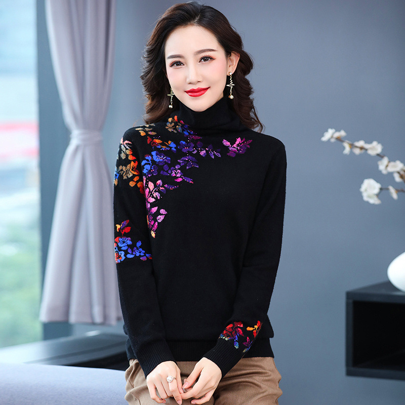 羊绒秋冬款高领印花羊毛衫时尚妈妈装毛衣中老年女装打底衫-阿里巴巴