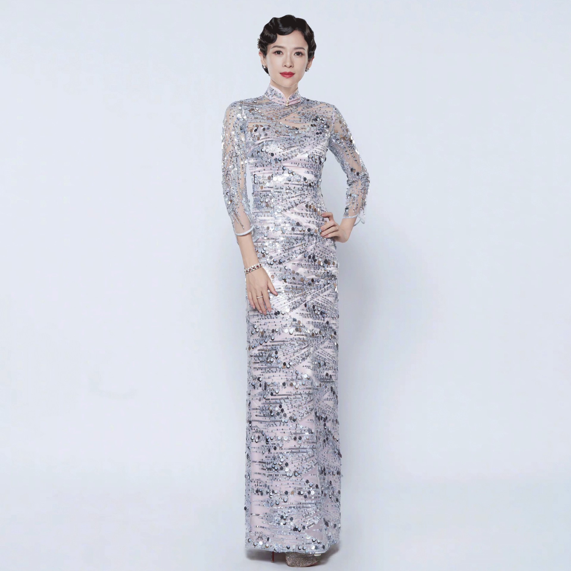 王牌对王牌章子怡同款亮片重工中袖高腰显瘦开叉长款旗袍2022夏季