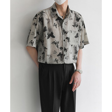 韩系高级垂感免烫短袖衬衫男夏季新款上衣潮流宽松半袖蝴蝶花衬衣