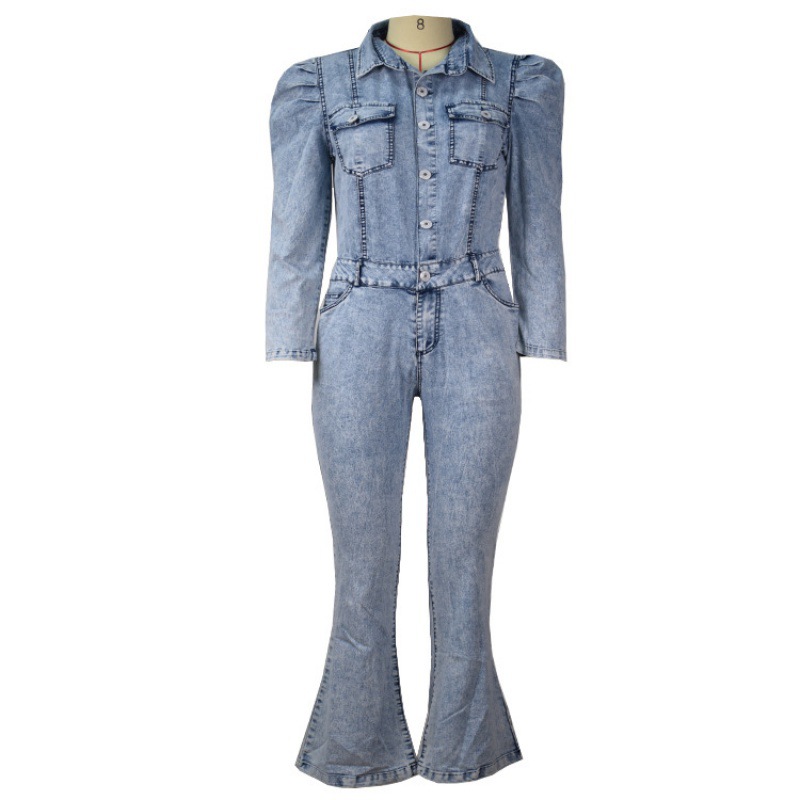 欧美爆款女士连体牛仔裤弹力修生显瘦性感喇叭连体裤女裤