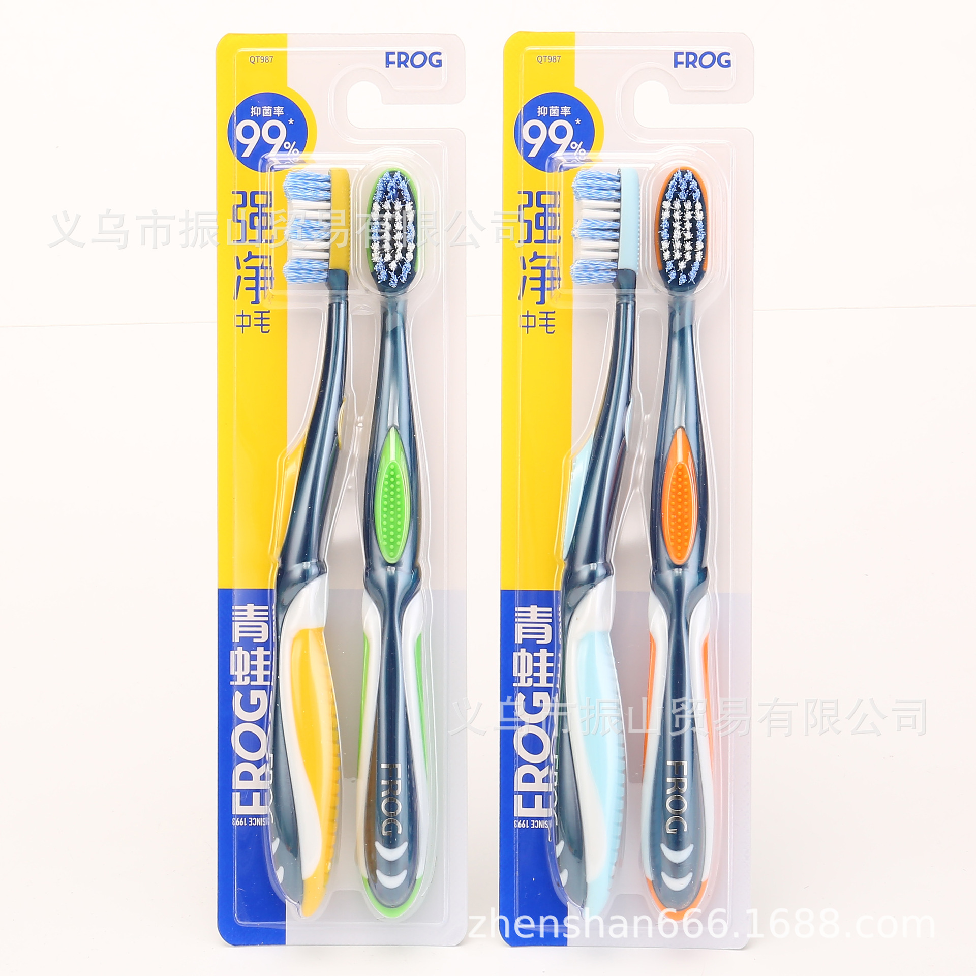 frog 987 pack of two bottles double effect excellent + endurance brush filaments strong spin clean spiral wire medium hair toothbrush